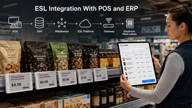 Rafræn hillumerki samþætting með POS og ERP: API, gagnakortlagning, villumeðferð og afturköllun